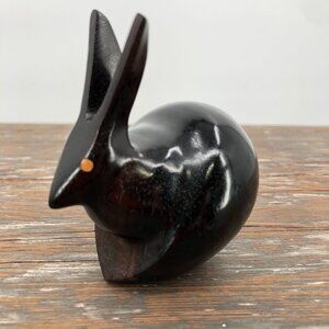 Vintage Hand Crafted Dark Wood Rabbit Figurine 3" Abstract Polished Mid Century